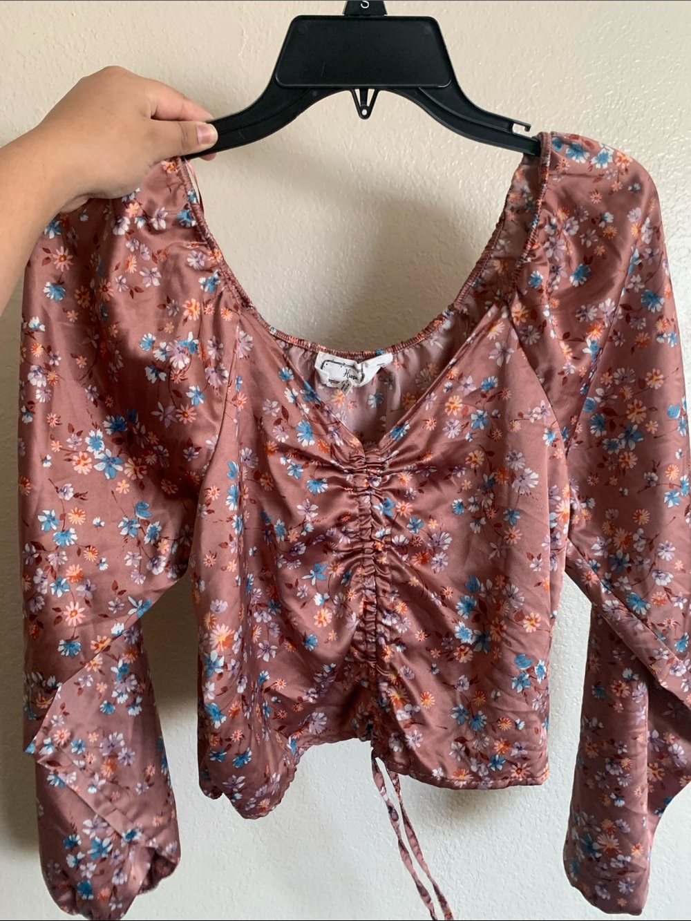 Hippie Rose Rust Floral Ruched Long-Sleeve Blouse